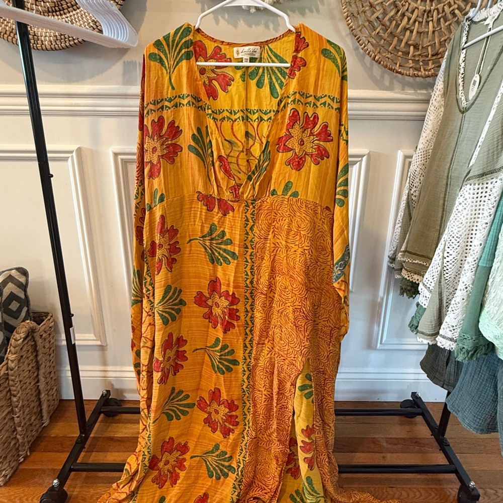 Yellow and Red Long Sleeve V-Neck Sundress